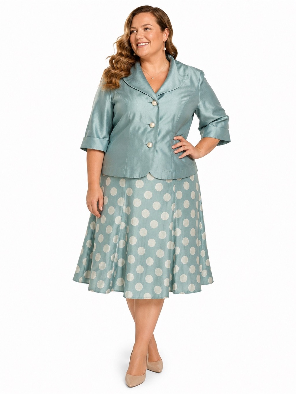 Vtg 90s Teal Satin Shimmer Jacket & Polka Dot Skirt Set Sz 16 Elegant Feminine